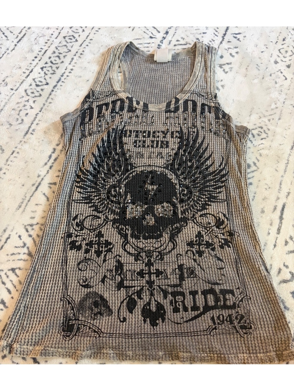 Vocal Grey Waffle Knit Tank Top with Skull and Wing Design